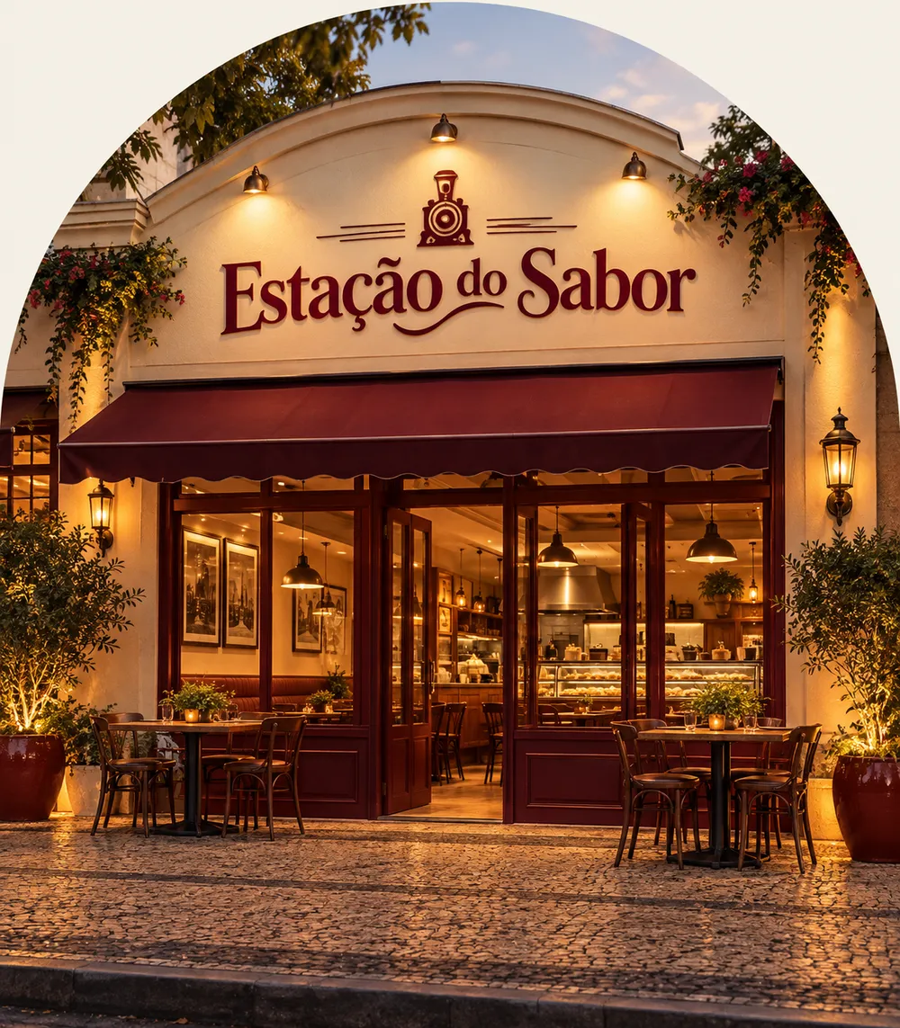 Fachada da Estação do Sabor ao entardecer, com toldo bordô e mesas na calçada