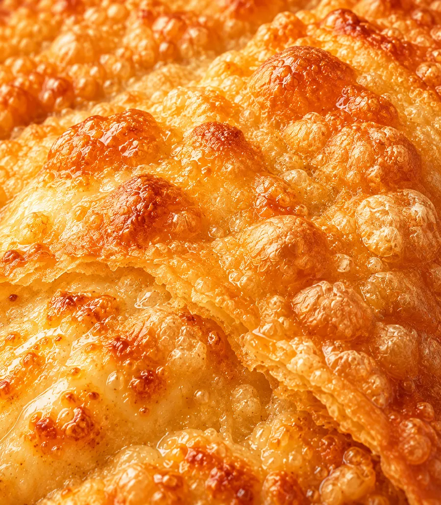 Textura da massa frita, dourada e cheia de bolhas